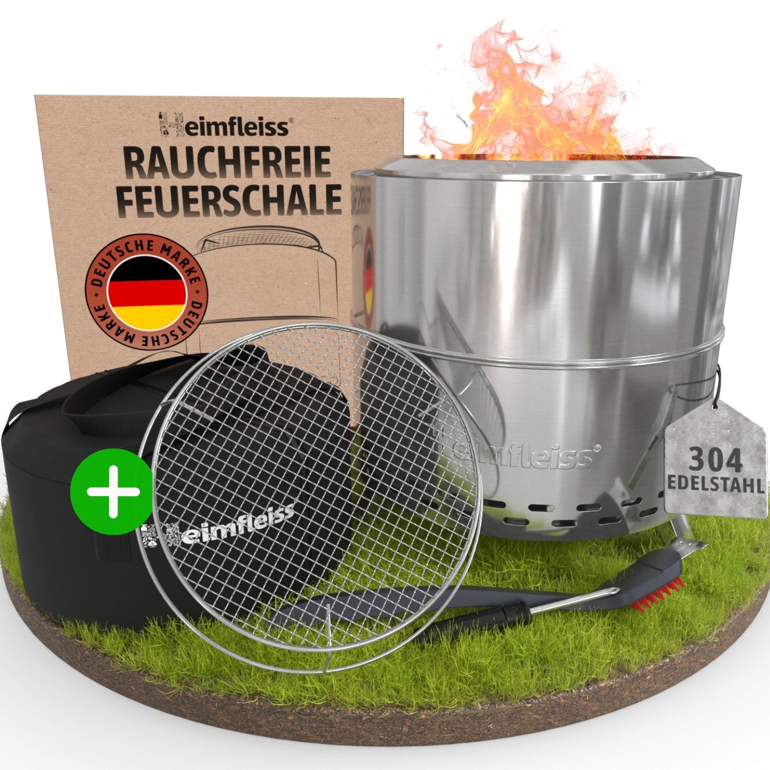 Feuerschale Edelstahl raucharm | mit Grill für Camping