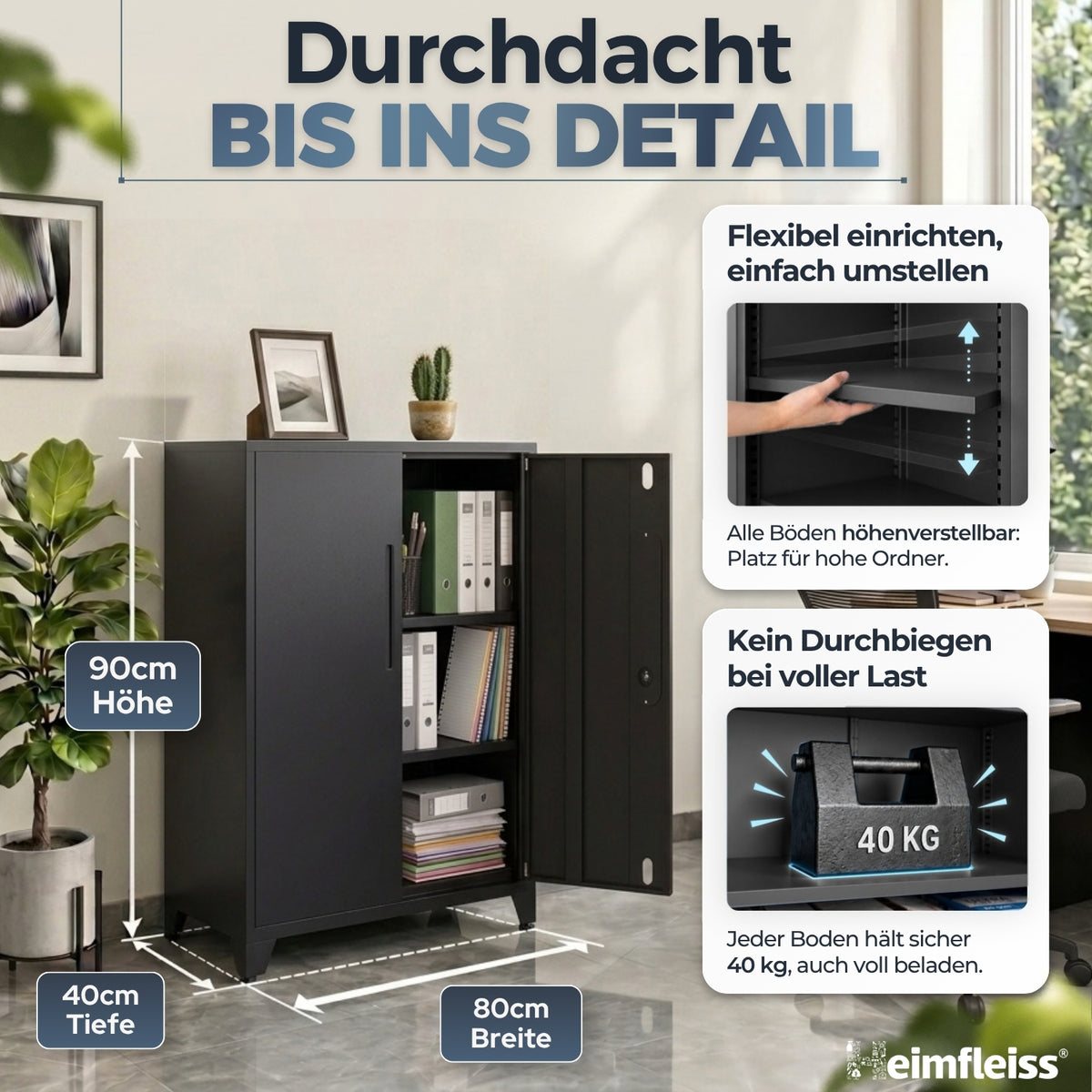 Aktenschrank Schwarz 40 x 80 x 90 cm – Ansicht 2 [ATS01-SW-FBM]
