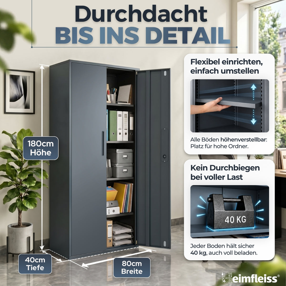 Aktenschrank Grau 40 x 80 x 180 cm – Ansicht 2 [ATS02-GR-FBM]