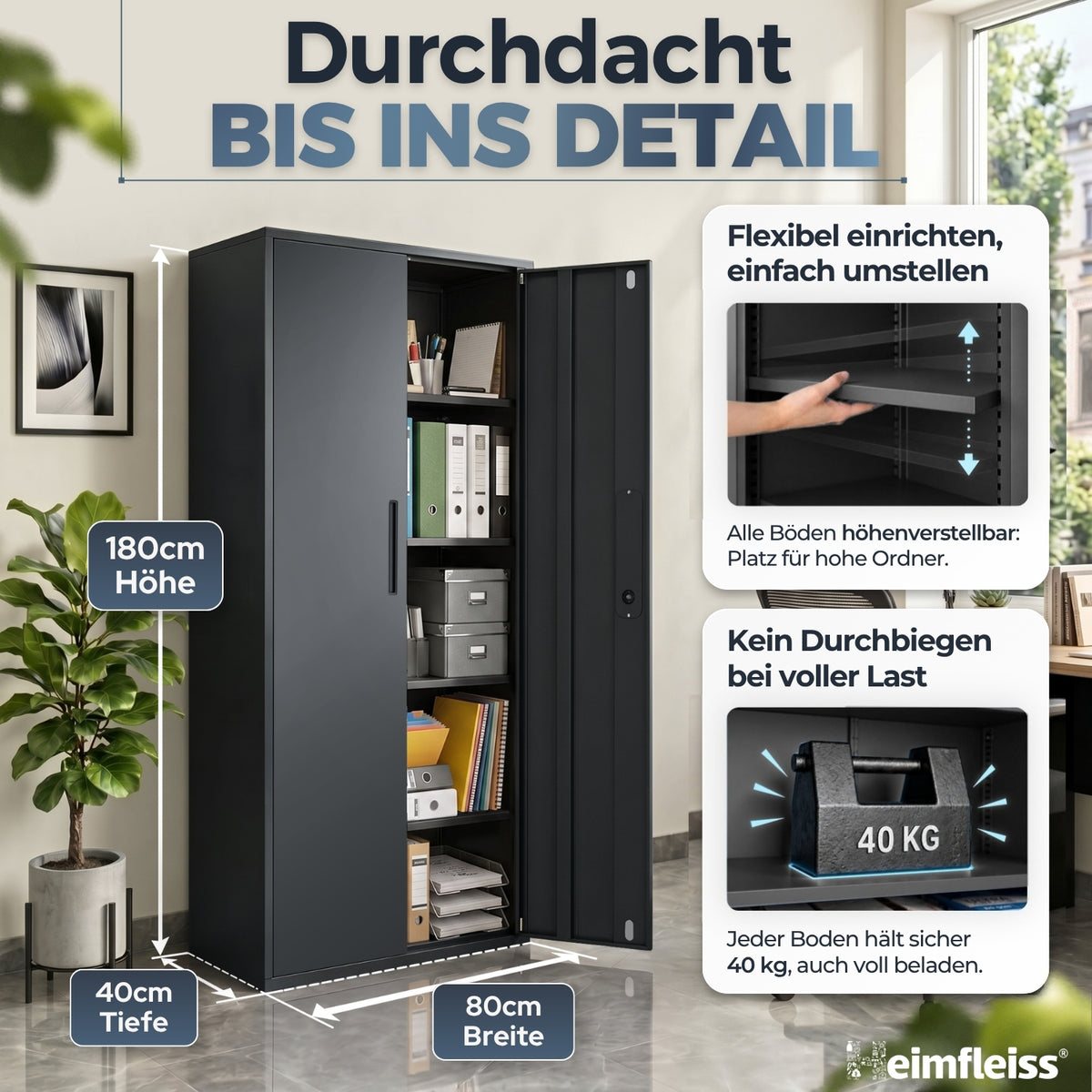 Aktenschrank Schwarz 40 x 80 x 180 cm – Ansicht 2 [ATS02-SW-FBM]